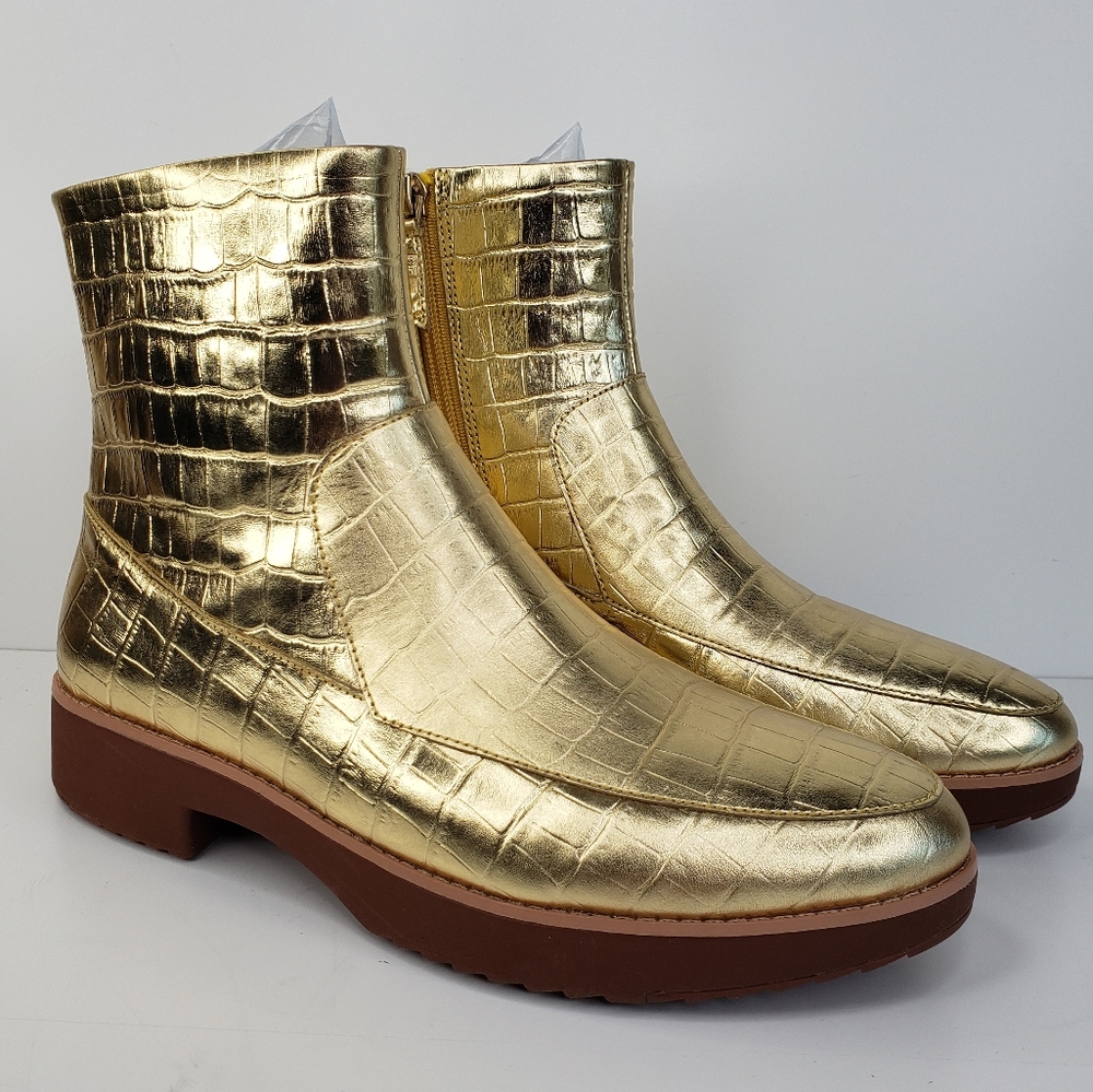 Fitflop Vintage Gold Crocodile Embossed Leather Comfort Zip Ankle Boots Sz 8.